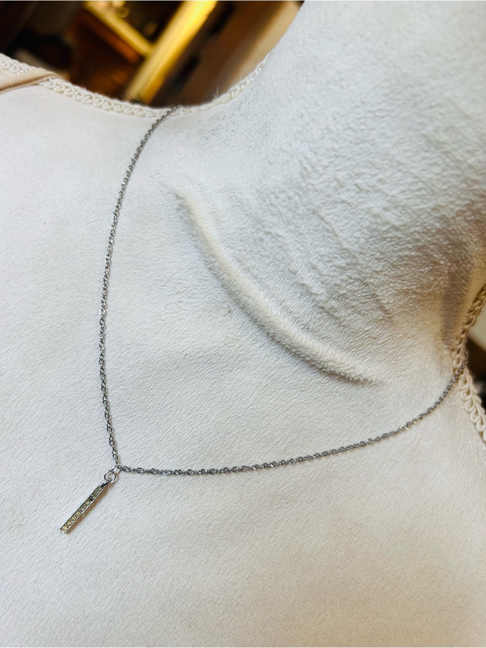 Handcrafted vintage rhinestone bar pendant on chain necklace